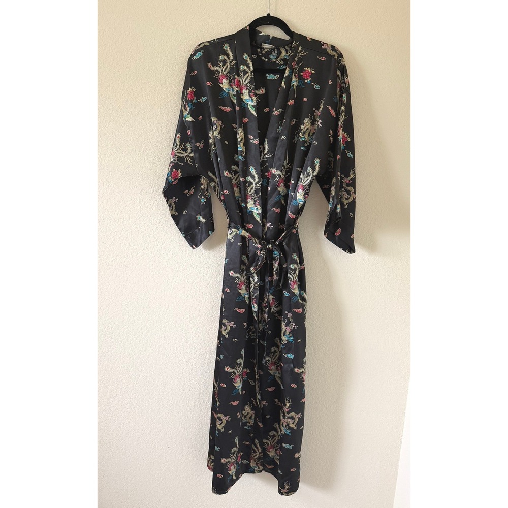 Fredericks of Hollywood Black Satin Dragon Phoenix Kimono Wrap Robe Longline LG